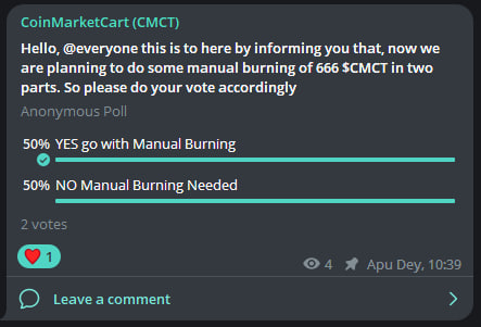 CryptoExngIndia's tweet photo. Hello, @everyone this is to here by informing you that, now we are planning to do some manual burning of 666 $CMCT in two parts. So please do your vote accordingly👇🏻

✅VOTE: "https://t.co/Pl5a3zV6Ig"

#CoinMarketCart #CMCT #BabyCMCT #BCMCT #CMCTswap #CSWAP #CORE #CoreDao_Org #CoreDAO #RoadTo100 #BTC #BNB #Burning