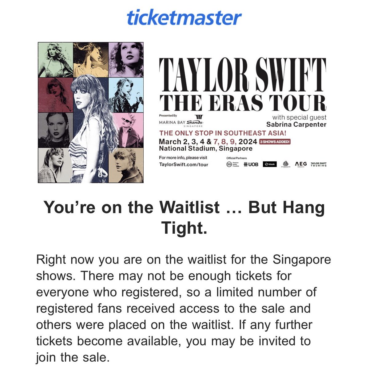 blessedswifty's tweet photo. ‼️ | Some of the “Waitlisted” people are now receiving CODES for the general sale of #TSTheErasTour in Singapore! https://t.co/EX4C45RJQH