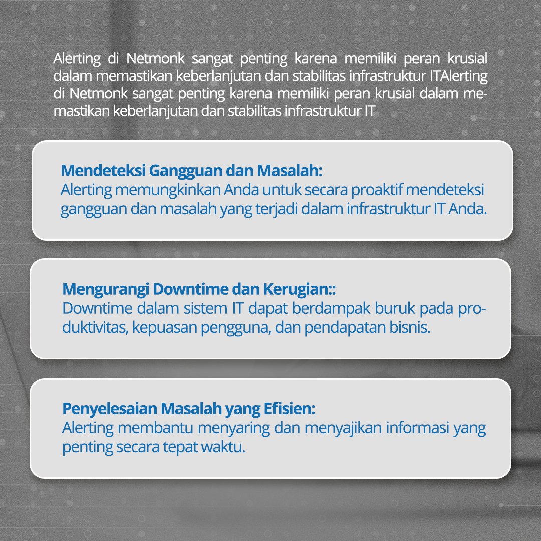 netmonk_id's tweet image. Alerting di Netmonk: Pertahankan Kinerja dan Kendalikan Risiko! ⚠️🔒
Dapatkan keunggulan dalam pengelolaan infrastruktur IT Anda dengan alerting di Netmonk! Kunjungi website kami di netmonk.id 🚀💡
#Netmonk #Alerting #MonitoringInfrastruktur #PerformaOptimal