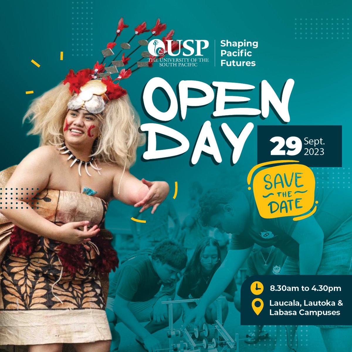 UniSouthPacific's tweet photo. The date for the USP Open Day 2023 has been confirmed!
The Laucala, Lautoka and Labasa Campuses look forward to welcoming you on Sept 29, 2023
Save the Date on your calendar for an opportunity to learn more about the programmes and courses on offer.
#TeamUSP #USPOpenDay https://t.co/7NQXqhRfqY