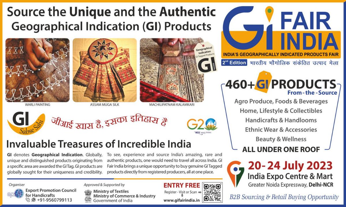 IndiaGIFair's tweet photo. Discover 460+ GI products ranging from Agro  Produce, Home, Lifestyle to  Handicrafts &amp; Handlooms, Ethnic Wear &amp; Accessories &amp; Beauty  &amp; Wellness. 
@APEDADOC  @teaboardofindia @CoffeeboardI @Spices_Board @HEPC_India @cepcindia @IndianCoir @TexMinIndia  @DPIITGoI @handicraftsdc https://t.co/3L9waAaLWW