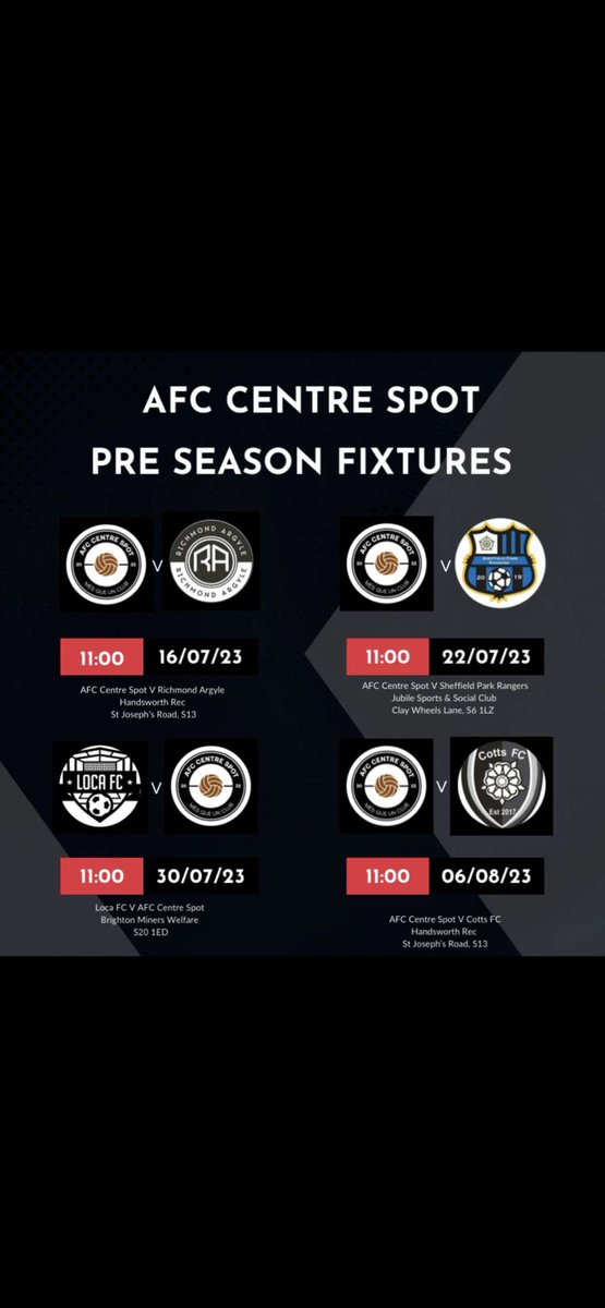 Afccentrespot's tweet photo. Pre Season Fixtures - 

@RichmondArgyle 
@SPRangers2019 
@LocaFC1 
@FcCotts 
@Astonlodgeafc 

Up de spot. https://t.co/gp5GLPFBl3