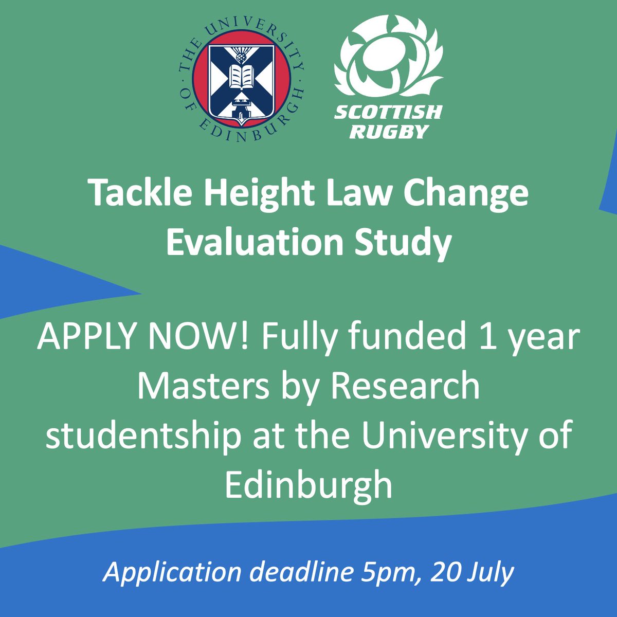 Scottish Rugby Game Development (@scotrugbycoach) on Twitter photo In partnership with <a href="/EdinburghUni/">The University of Edinburgh</a> we have a fully funded Masters by Research (MScR) studentship available starting in October.
The research study will evaluate the Tackle Height Law Trials in the community game.
Further information can be found here bit.ly/TackleHeightMS… In partnership with <a href="/EdinburghUni/">The University of Edinburgh</a> we have a fully funded Masters by Research (MScR) studentship available starting in October.
The research study will evaluate the Tackle Height Law Trials in the community game.
Further information can be found here bit.ly/TackleHeightMS…