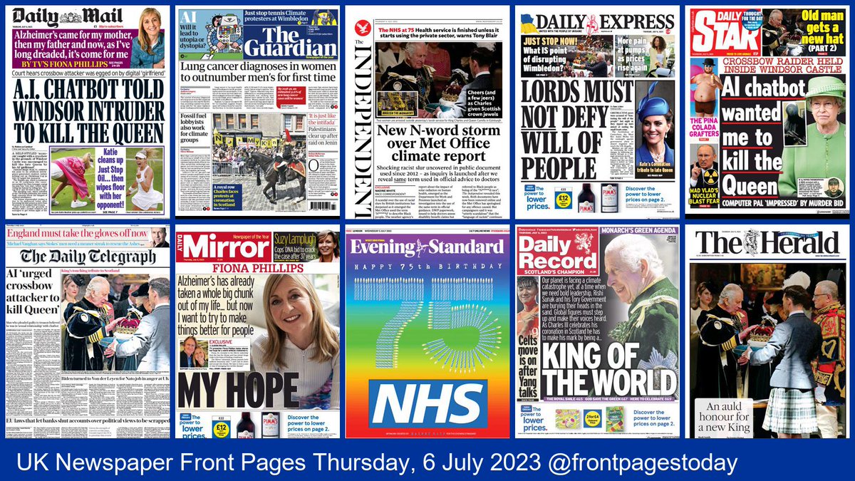 UK Newspaper Front Pages for Thursday, 6 July 2023. Find more front pages and thousands of newspapers from around the world at thepaperboy.com