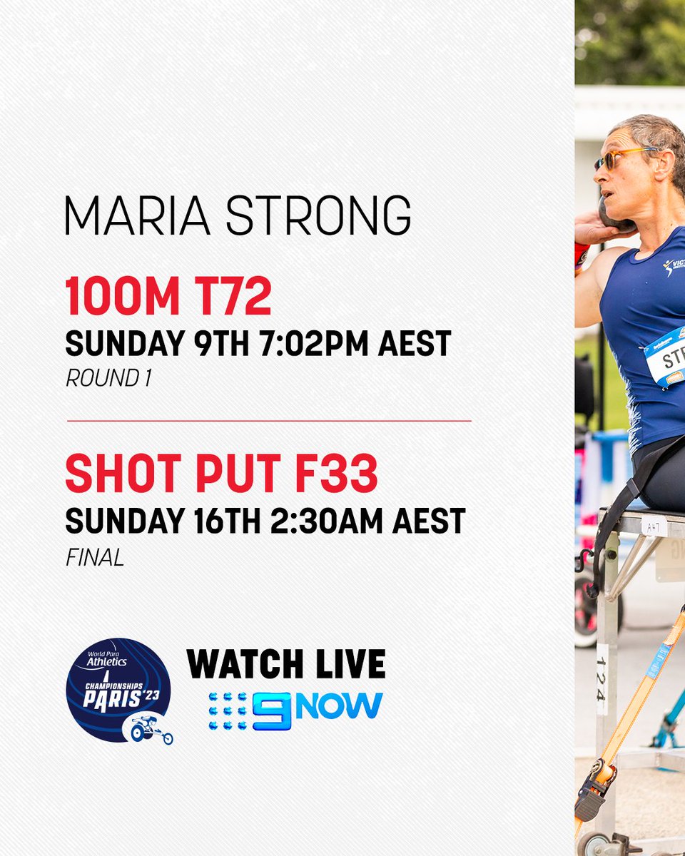 🇫🇷 Not long to go! The <a href="/ParaAthletics/">Para Athletics</a> Championships begin this weekend. Our very own Maria Strong will be in action across both weekends.

📺: <a href="/9Now/">9Now</a>

#Paris23 #paraathleticsworldchampionships #paraathletics #trackandfield #Athletics #worldchampionships