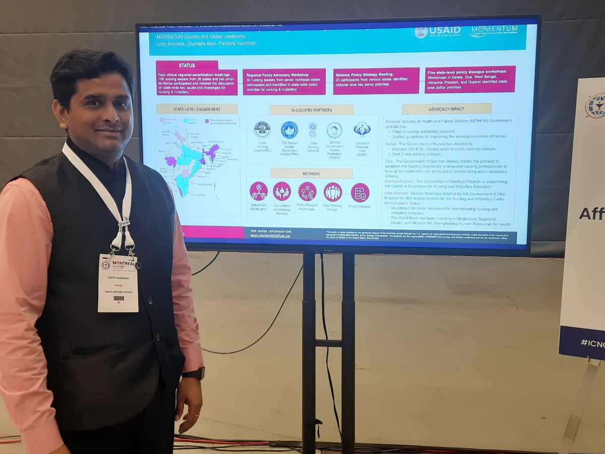 Abstract presentation by @LintoAndrews_ on 'Advocacy to Action: Policy Advocacy to Strengthen Nursing and Midwifery in India' at #ICN2023. #NurseMidwife4Change @JhpiegoIndia @sharmaa_punita @Jhpiego 
@USAID_MOMENTUM 
@council_nursing