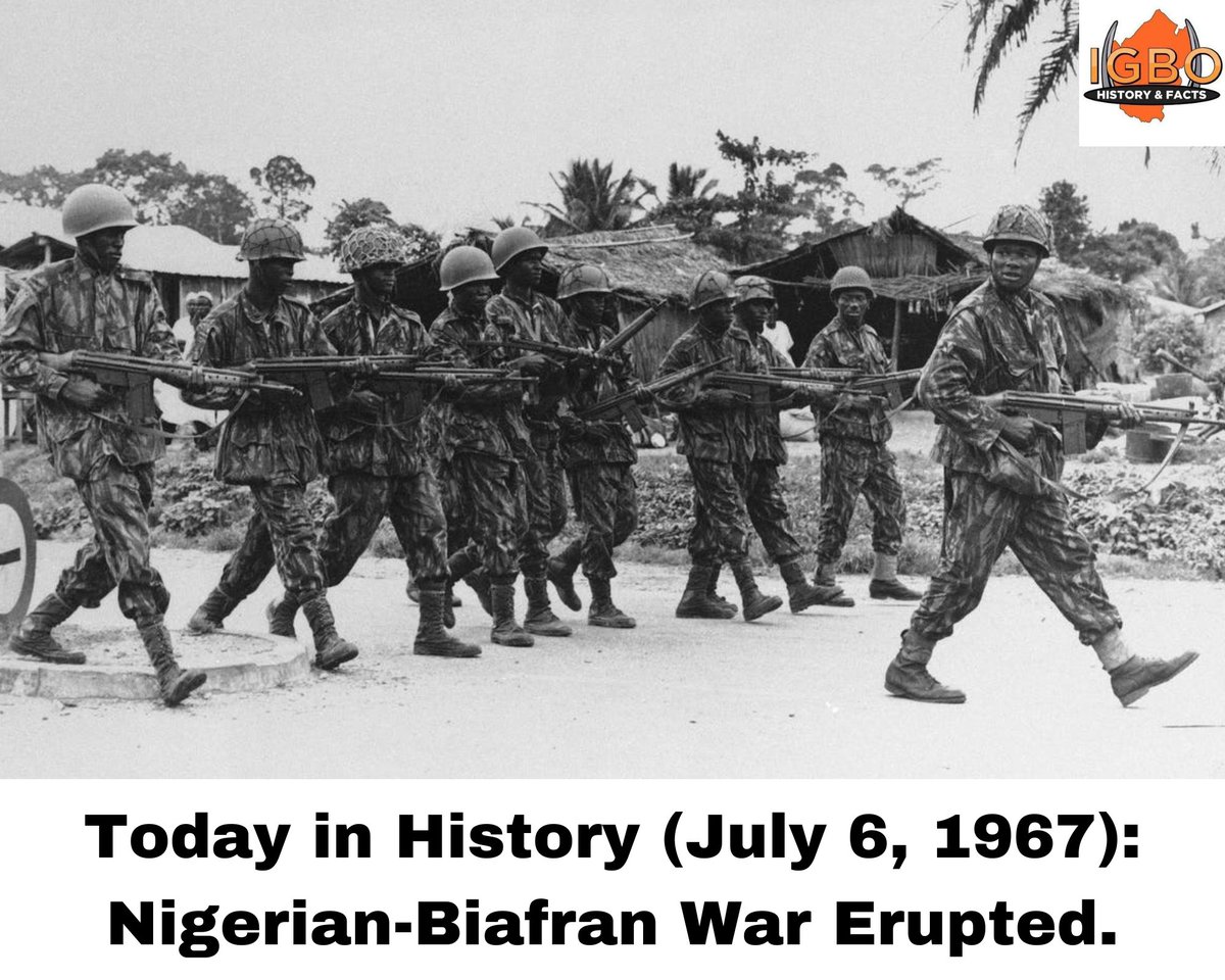 IgboHistoFacts's tweet photo. Today in History: Nigerian-Biafran war erupted.

The war began at 6:38am on July 6, 1967 when the federal army advanced in two columns into Biafra. It was Lt. Gado Nasko who fired the first artillery shots in Garkem, present-day Cross River state.

Retweet to educate someone https://t.co/qUikT9ROHD