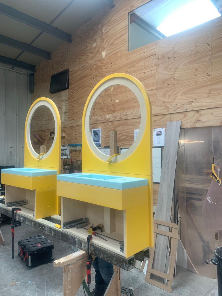 SurfacingSolid's tweet photo. A #bespoke project which we are #proud to be apart of, the finished result is just spectacular! We fabricated 2 children’s hairdressing stations designed by JR Interior Projects Ltd, using #Coriandesign Imperial Yellow &amp; Mint Ice. A unique design grabbing any kids attention! https://t.co/ysZiFpqPXY