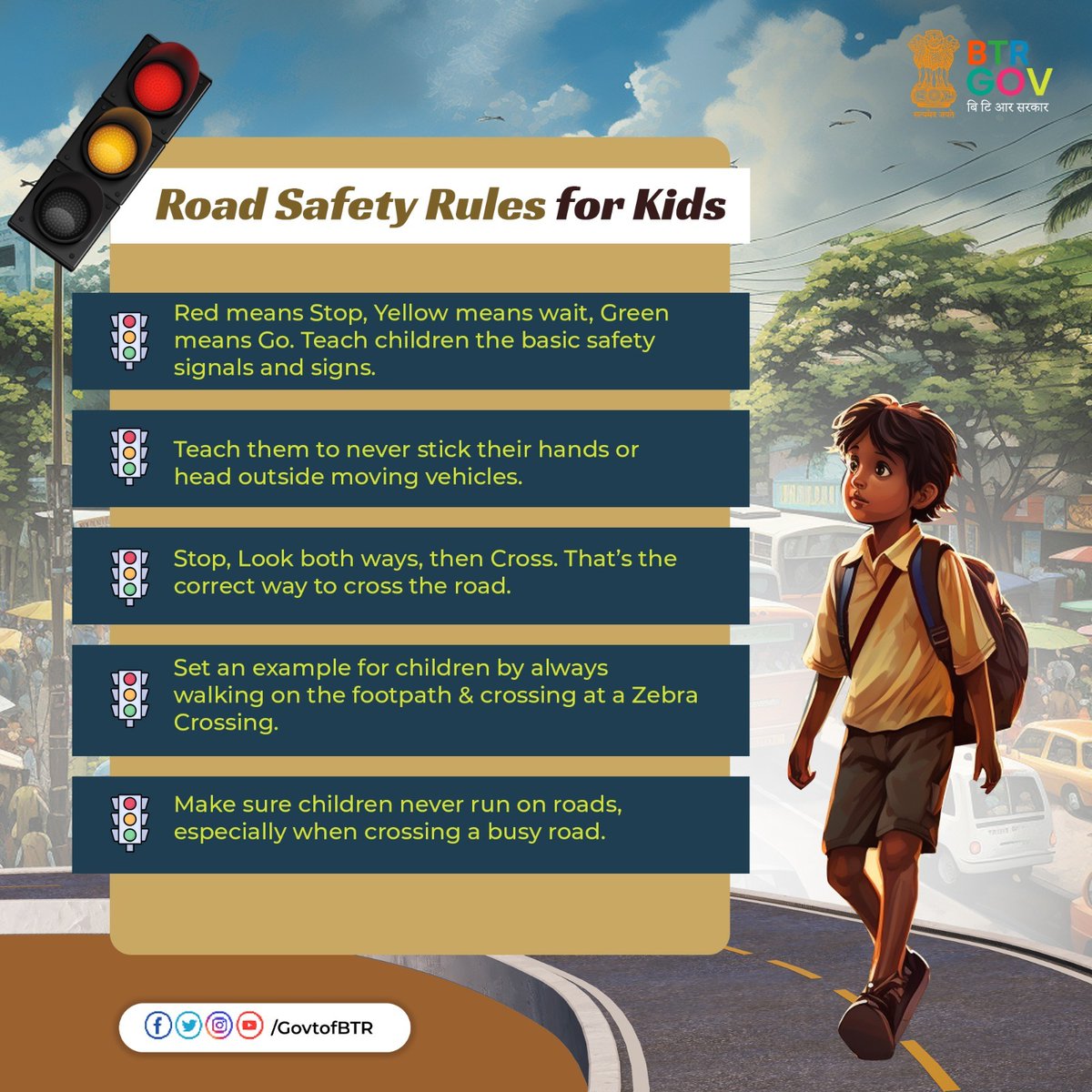 GovtofBTR's tweet photo. Teaching the rules of road safety early on keeps them safe & instils good civic sense in them.
And remember, kids learn best by watching their elders, so let’s all set an example by following these easy road safety rules.
#RoadSafety #DriveSafeBeSafe https://t.co/VKDBtJi24i