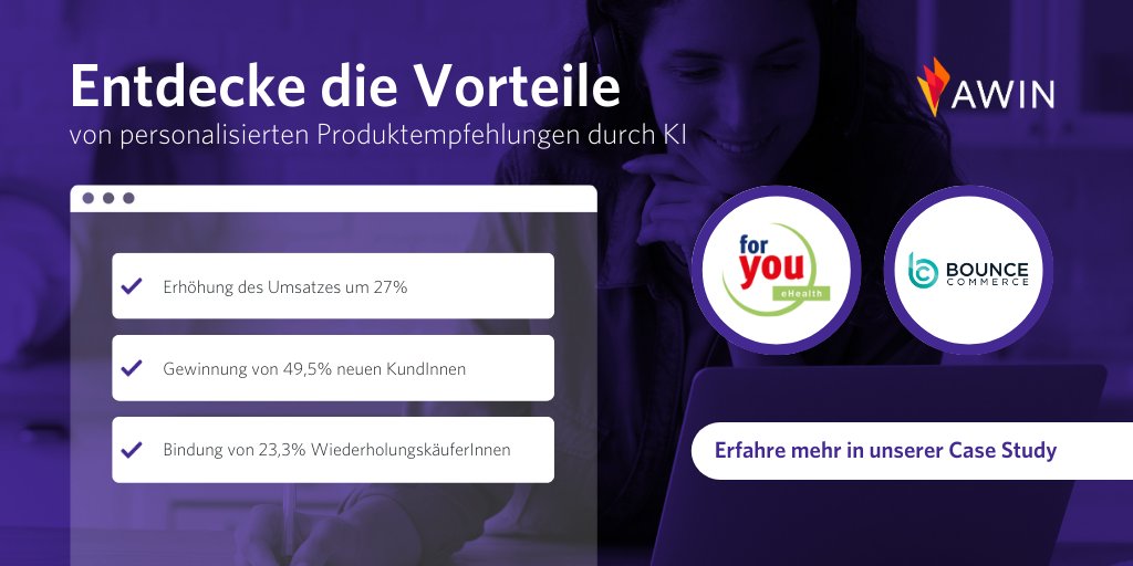 📢 KI-Power für for you eHealth 💥 
Durch die Partnerschaft mit Tech-Partner Bounce Commerce konnte for you eHealth über personalisierte Produktempfehlungen mittels KI neue KundInnen gewinnen und den Umsatz um 27% steigern: ow.ly/2mKJ50P3WFK

#KI #Erfolg #AffiliateMarketing