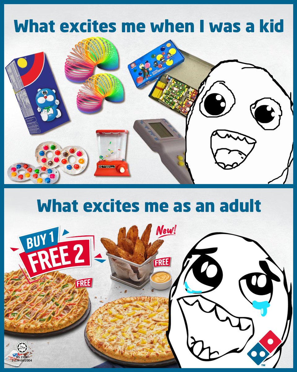 Masa kecik dulu dapat beli toys sets dengan harga Rahmah memang happy! 🤭 Tapi bila dah besar ni, dapat Domino’s punya PROMO Buy 1 Free 2, bahagia dia sampai lompat bintang tuuu! 😁 Siapa lagi yang happy macam ni? 🙋‍♂️🍕 bit.ly/Beli1Percuma2
