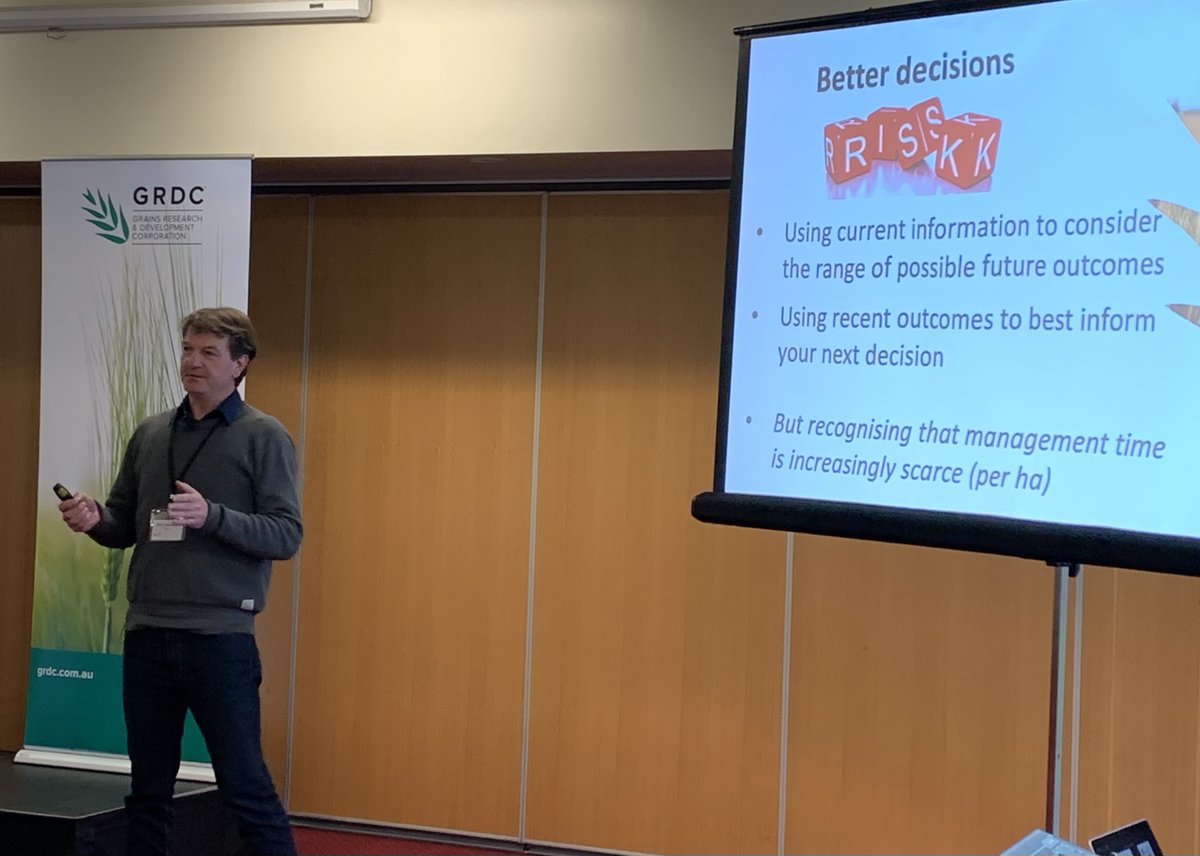 Rick Llewellyn <a href="/CSIRO/">CSIRO</a> today at #Clare #GRDCupdates looks at more effective decision making around risk – to make informed decisions targeting profitable outcomes #FarmBusiness Read more: bitly.ws/Kugo