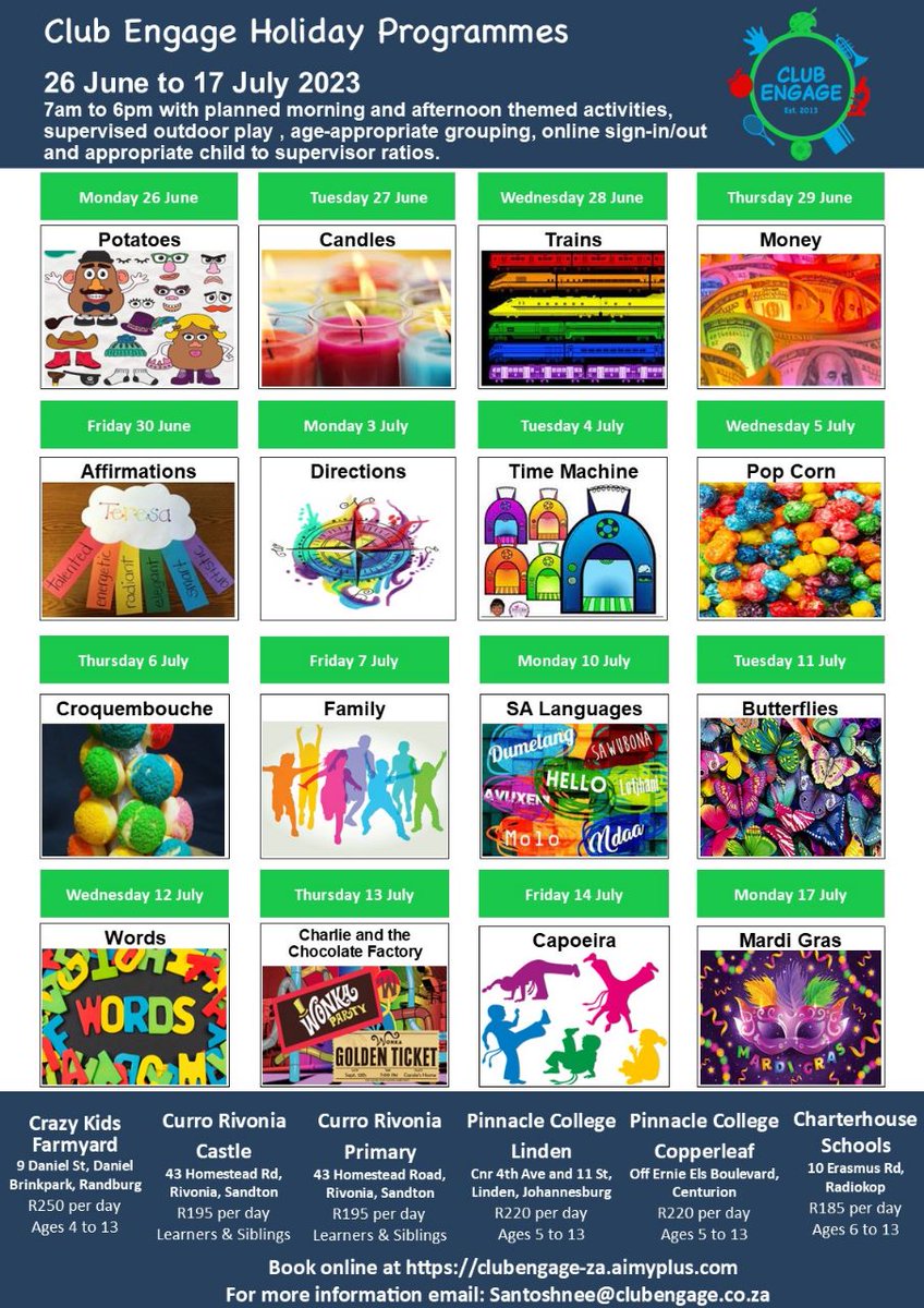 Fabulous holiday programs at 6 schools in Randburg, Sandton, Centurion and Roodepoort organised by CLUB ENGAGE RANDBURG - Book soon to avoid dissapointment jozikids.co.za/listing/club-e…