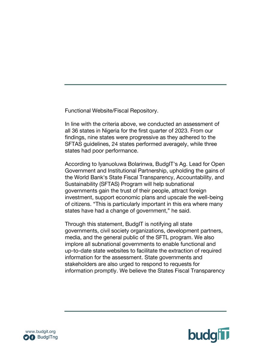 BudgITng's tweet photo. BREAKING: @BudgITng launches States Fiscal Transparency League to sustain the gains of the @WorldBank’s #SFTAS by tracking how well states maintain fiscal transparency, accountability, accessibility, & effective public finance management.
Our Press Statement
#AskQuestions https://t.co/4Z5eDO44OX