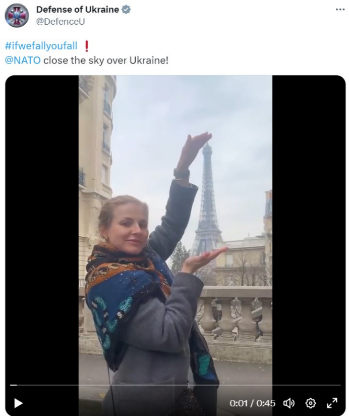 DFRAC_org's tweet photo. 5/n
The Official account of the Ministry of Defense of Ukraine named (@DefenceU) posted a video on Twitter and wrote:” #ifwefallyoufall @NATO close the sky over Ukraine”. https://t.co/JpzQ2YREad