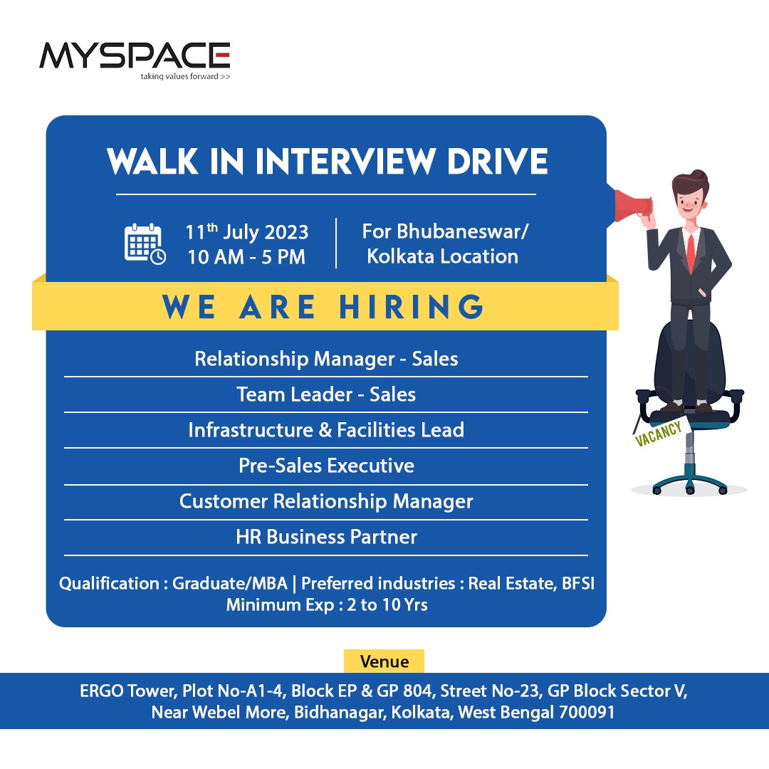MySpace_Realty's tweet photo. Get a chance to be a part of the most emerging Real Estate firm - MySpace Group. We welcome you to the Walk-in Drive on 11th July 2023 at our Kolkata Office and take advantage of this golden opportunity.
#Walkin #Jobs #Careers #Aspirations #Hiring #Interview #MYSPACE https://t.co/uC7ZJJucI7