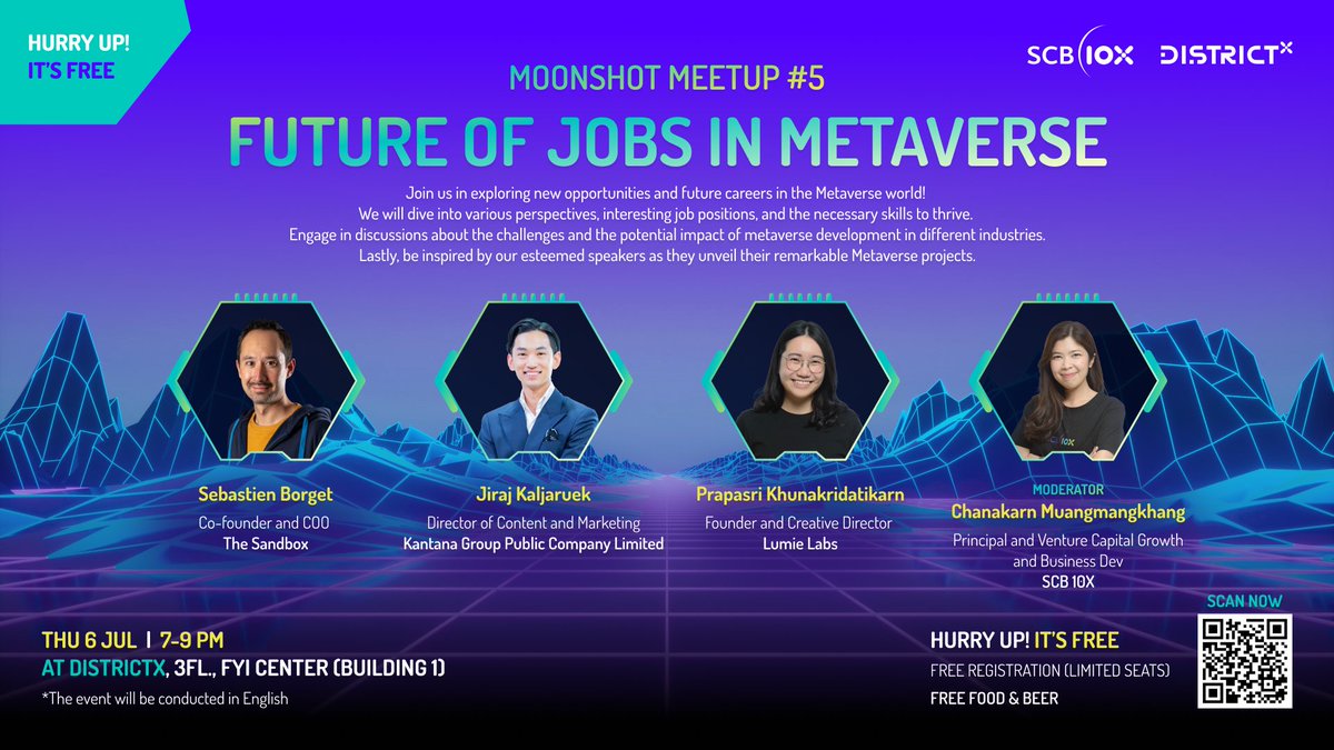TheSandboxThai's tweet photo. 🌕🚀วันนี้แล้วนะ MOONSHOT MEETUP ครั้งที่ 5 กับหัวข้อ "Future of Jobs in Metaverse" โอกาส และ อาชีพสุด HOT ในการพัฒนา Metaverse มาอัปเดตกันไว้ ไม่ตกเทรนด์!!! 

ใครยังไม่ได้ลงทะเบียน 👇  รีบเลย
https://t.co/A2XdRd82RO 

#SCB10X #TheSandbox #SandFam https://t.co/vc0jaJcUHR