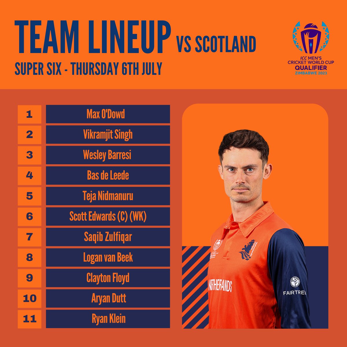 🟠 Here's your Dutch XI!
  
We go in with the same Team!
 
#NEDvSCO #CWCQualifier #cricketNL