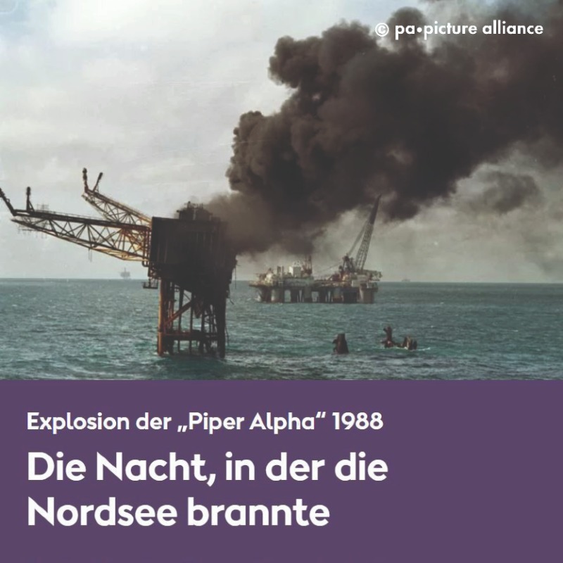 EnergieWinde's tweet photo. Heute vor 35 Jahren explodierte die Bohrinsel #PiperAlpha. Die Hitze ließ den Stahlkoloss schmelzen, verzweifelte Männer sprangen in ein Meer, aus dem die Flammen loderten. @JasminLoerchner blickt zurück auf die Katastrophe – und die Folgen für die heutige Offshore-Sicherheit: