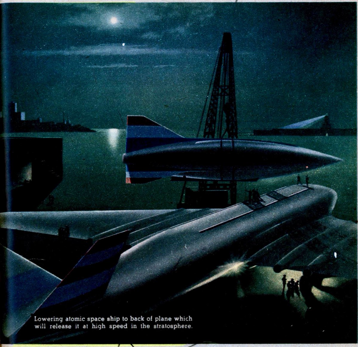 LRonLacy's tweet photo. ‘Lowering atomic space ship to back of plane which will release it at high speed in the stratosphere.’ #Illustration by #ChesleyBonestell
#atomicenergy #atomicrockets #atomicpower #NEPA #NuclearEnergyforPropulsionofAircraft
#spaceart #illustrationartists https://t.co/rqsfyXZCgK