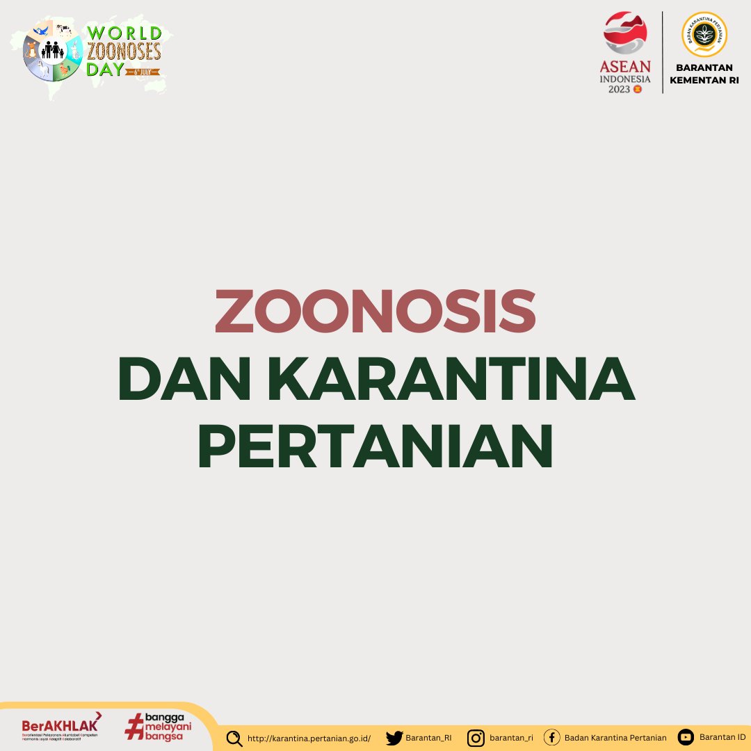 BarantinRI's tweet photo. SobatQ,

Hari Zoonosis Sedunia, 6 Juli 2023

Rabies, anthrax, flu burung, ebola dan banyak lagi penyakit pada hewan yang termasuk Zoonosis.

#OneHealth #Zoonoses #WorldZoonosesDay2023 #KarantinaPertanian https://t.co/8lDGj1ccWJ