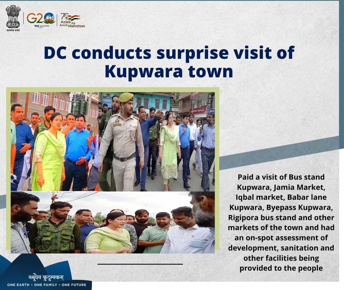 infokupwara's tweet image. #ProgressingJK
DC Kupwara Ms Ayushi Sudan  conducts a surprise visit to Kupwara town; visited Bus Stand, Jamia Market, Iqbal Market, Babar lane etc
@diprjk 
@ddnewsSrinagar 
@PIBSrinagar 
@ddnews_jammu