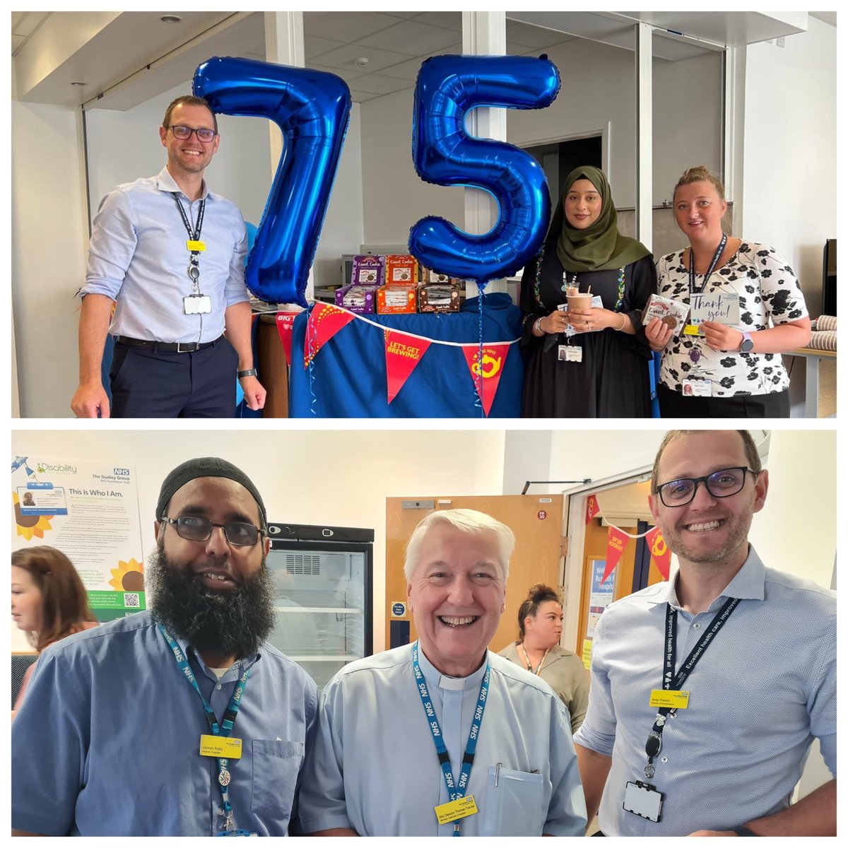 Final #NHSBigTea day here in Dudley and the Russells Hall Hospital South Block Doctor's Mess is all decorated with cakes on arrival 💙 #NHS75