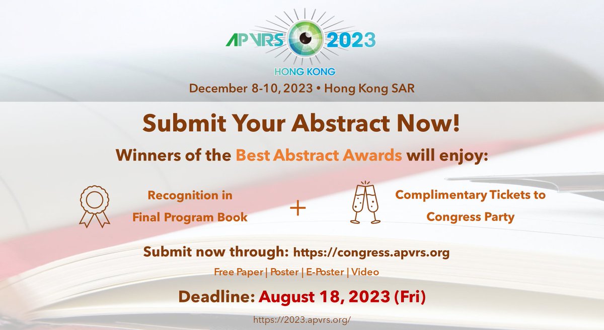 The APVRS Congress is the perfect platform for authors to shine!
Submit your abstract now to win the best abstract awards.
Winners will be recognized in the Final Program Book and receive complimentary tickets to the Congress Party!
Submit now through: congress.apvrs.org