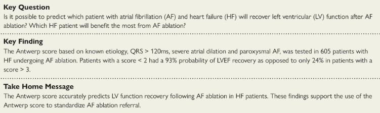 A simple 4-parameter score can predict LVEF recovery after AF ablation in patients with HF 🫀known etiology (2pt) ⚡️wide QRS (2pt) 🎈LA dilation (1pt) ⌚️paroxysmal AF (1pt) Low score = better LVEF recovery 📑academic.oup.com/eurheartj/adva… @Dominik_Linz @PrashSanders @BA_Mulder