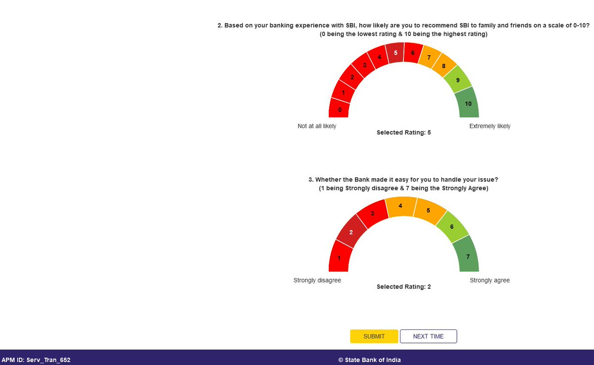 abek42's tweet photo. @TheOfficialSBI : Just to let you know... your feedback page after account signout is badly coded. Clicking on 1 on the first question in the screenshot sets the value to 5. Similar kludge for Q2. Can never respond zero. So you are cooking your feedback # or your devs are. https://t.co/LyGVdHRJDP