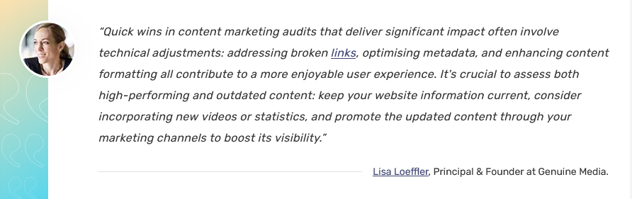 <a href="/LisaMLoeffler/">Lisa Loeffler</a>  also talks about how technical adjustments can deliver significant impact as a result of content marketing audits.

Read to know more. supple.com.au/expert-content…

#ContentAudit #seostrategy #expertadvice
