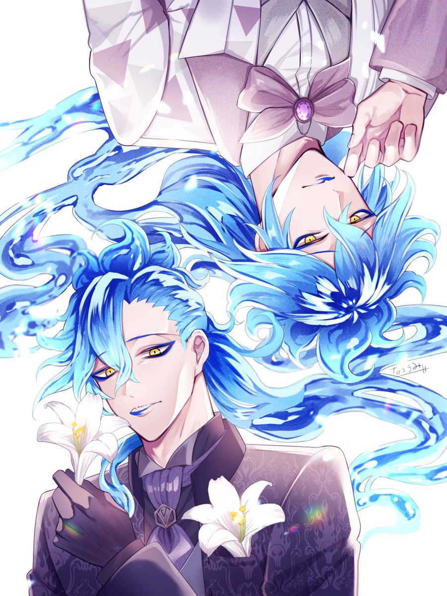 fiery hair multiple boys flower male focus yellow eyes blue hair long hair  illustration images