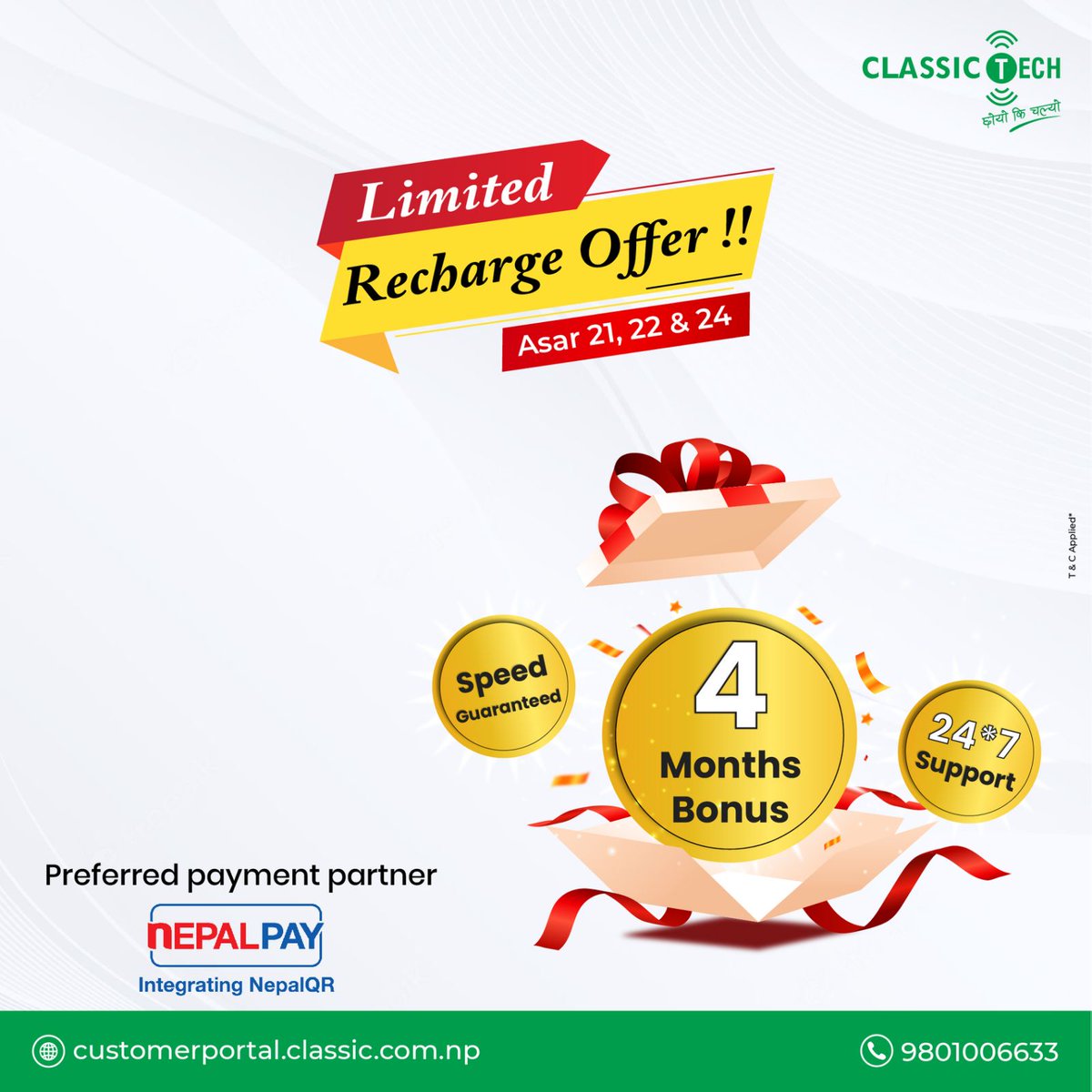 NCHLOfficial's tweet image. Recharge Classic Tech&apos;s internet via NEPALPAY &amp;amp; get 10% cashback (upto Rs 100), offer valid till Ashar 23. 

#NEPALPAY #NEPALPAYQR #ClassicTech #Bonus #RechargeOffer