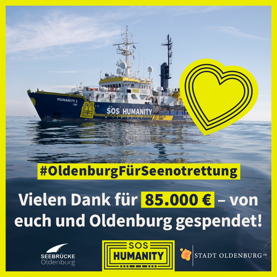 35.000 € habt ihr gespendet, #Oldenburg hat 70.000 € draus gemacht und 15.000 € direkt gespendet. Wahnsinn! Vielen Dank dafür!

#OldenburgFürSeenotrettung @seebrueckeol