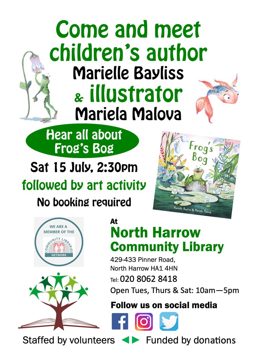 MarielleBayliss's tweet photo. I'll be joining #frogsbog illustrator, Mariela Malova, at #Nharrowlibrary on Saturday 15th July. Top secret art activity to be announced soon! #authorevent #londonlibraries #supportlibraries #harrowlibraries #harrow #harrowmums #kidlitsocial #freekidsactivities #bookevent https://t.co/jaKeh6Enf1
