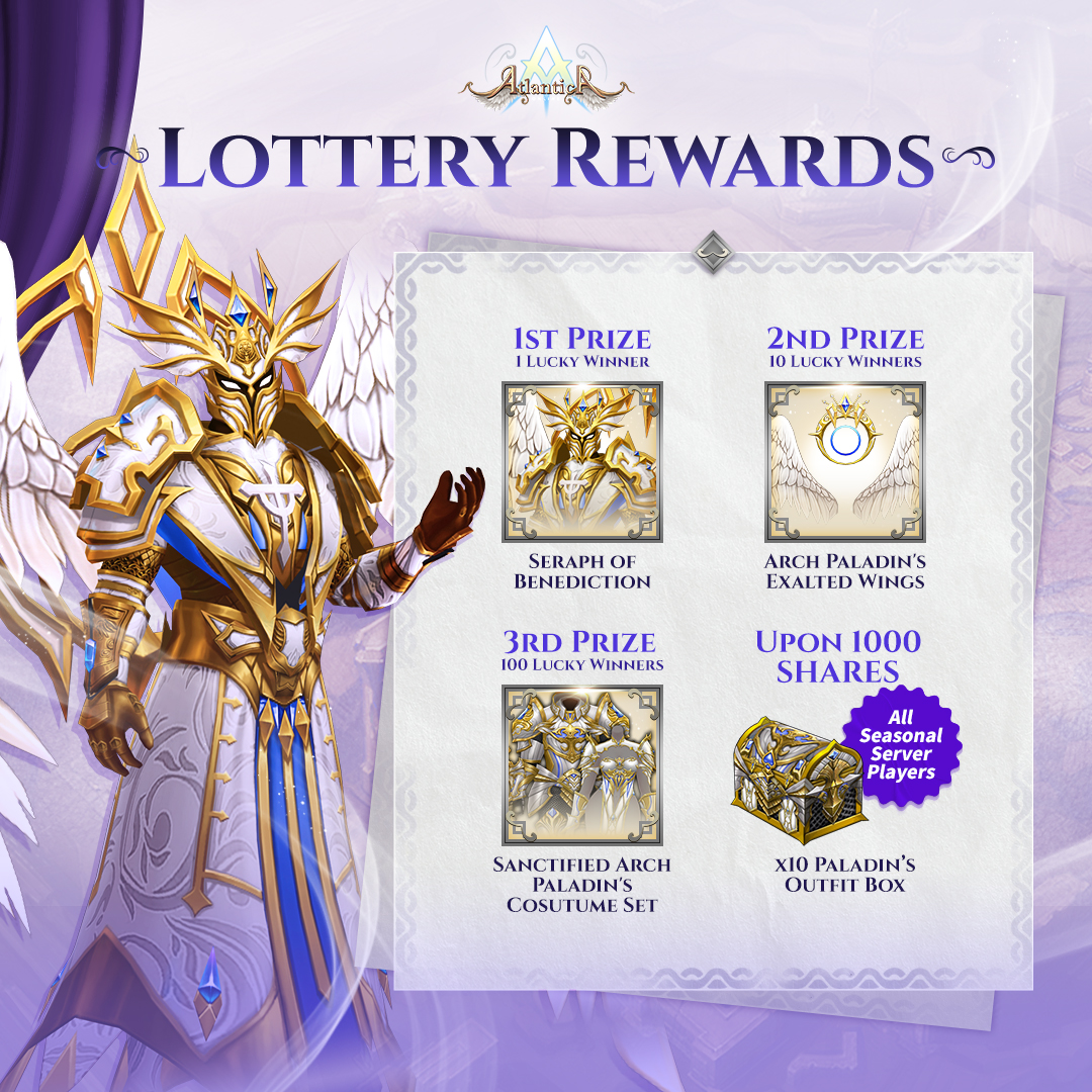 AtlanticaOnline's tweet photo. 🔥Introducing our Mega Lottery Rewards until July 20, 2023!🔥

Here's how it works:
Step 1: Like our official Facebook page and follow us on Twitter. 
Step 2: Like &amp; RT this post.
Step 3: Comment your current Nickname and Server

💡More details here:
https://t.co/0PrGrYTuWC https://t.co/SjSQN4oFnF