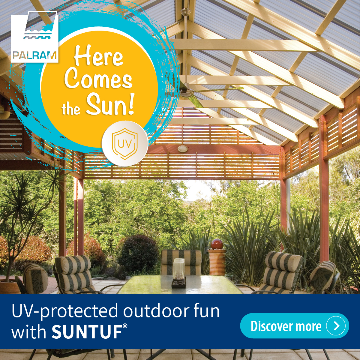 Make your outdoor dining area shine with SUNTUF polycarbonate roofing. 
Enjoy meals with family and friends while staying protected from the sun's UV rays. 🍽️☀️ 
#OutdoorDining #SunProtection