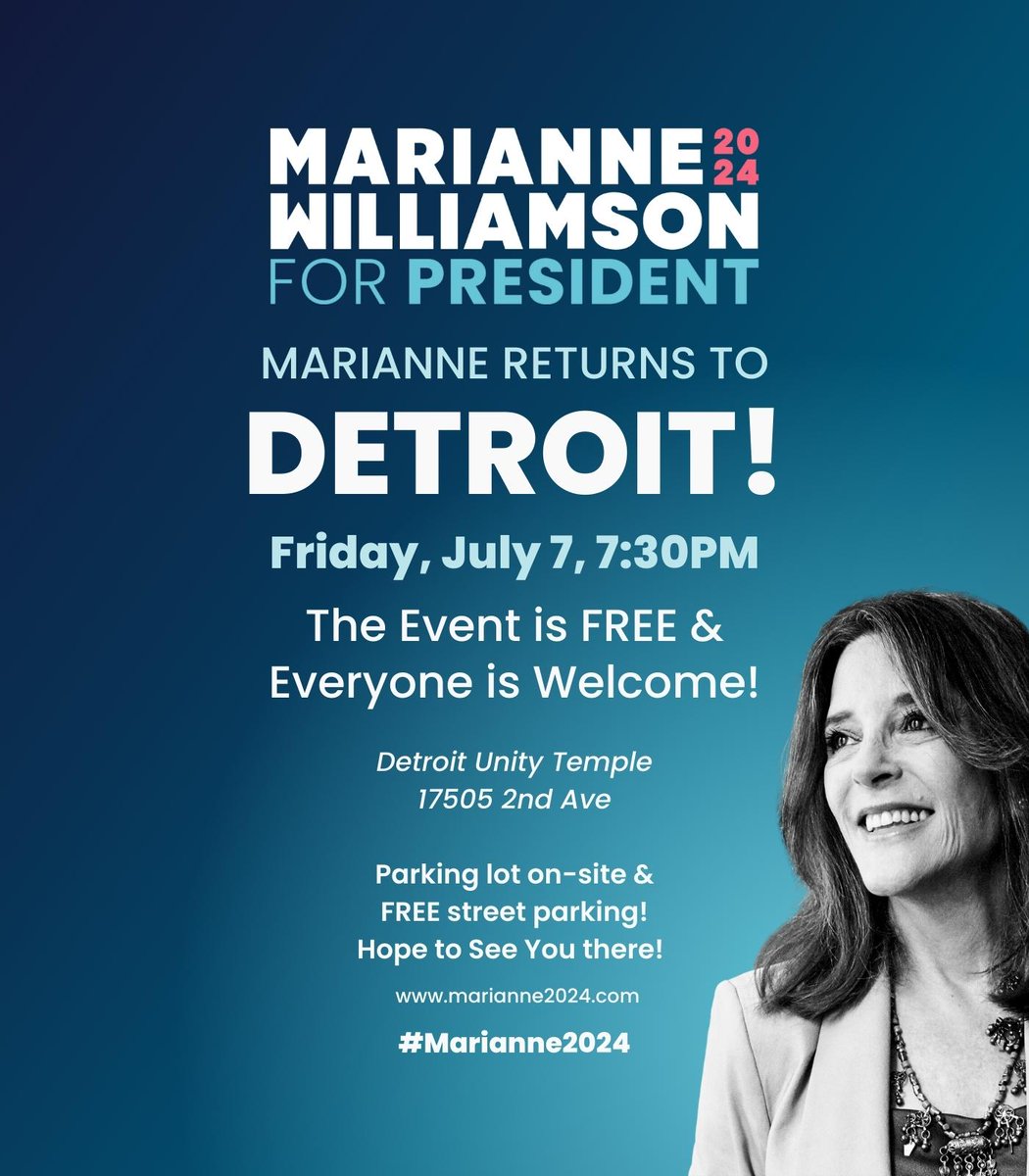 Mich4Marianne's tweet photo. Best #FunFriday I can imagine will be seeing so many attending the Marianne Williamson event at #Detroit Unity Temple at 7:30pm. Arrive early and network. #Marianne2024 #DetroitEvent #EndorsementsWelcome
https://t.co/zk98Vd31LG for details. https://t.co/zVEDxxkdXK