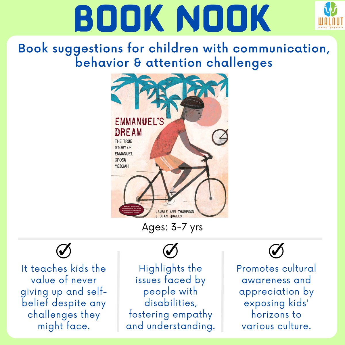 walnut4therapy's tweet photo. "Emmanuel's Dream" is a book that can leave a lasting impression on young readers and empower them to overcome their own obstacles and believe in themselves💗

#booknook #specialkids #parentingtips #languagedevelopment #autistickids #disabilities https://t.co/sTX5o7qzSH