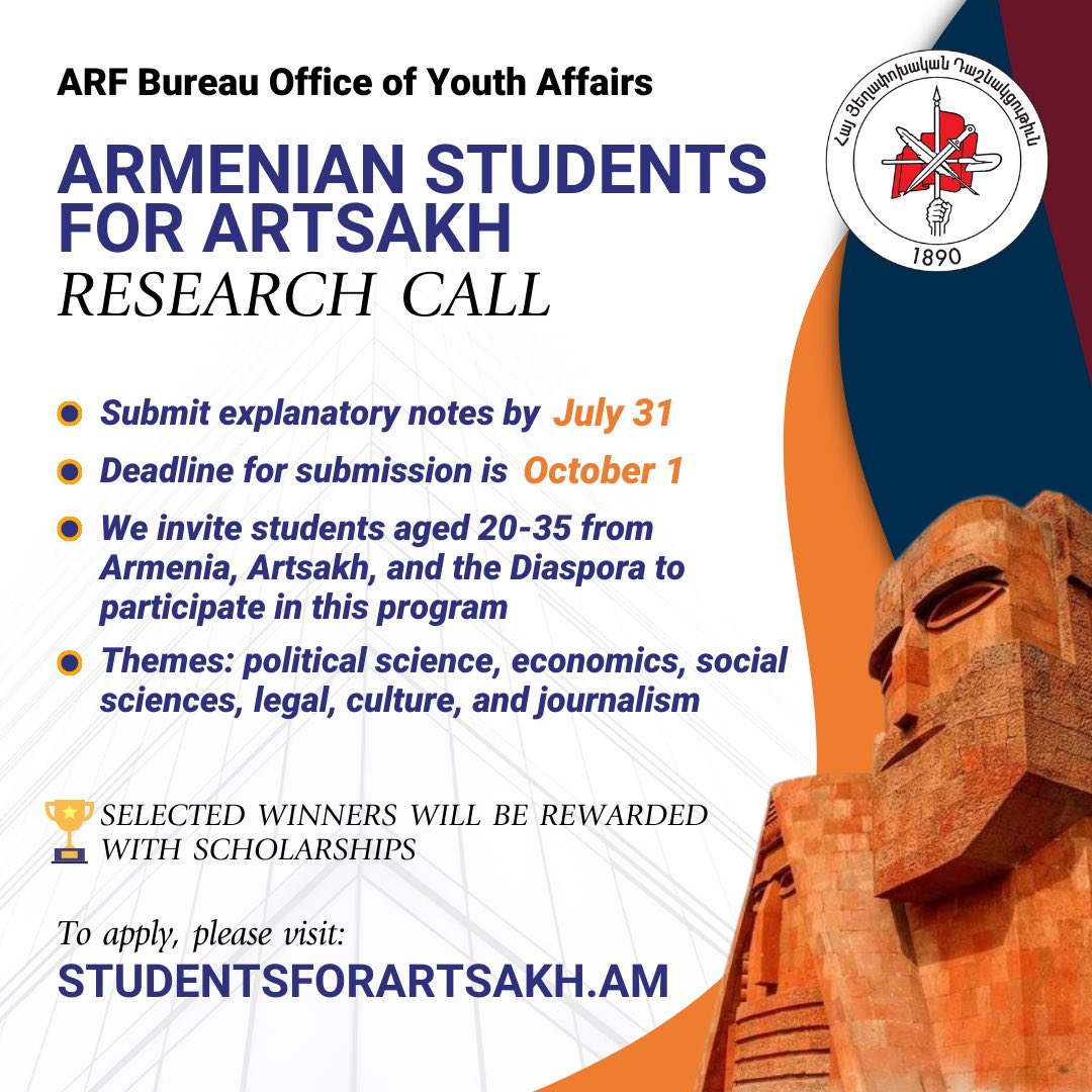 ARFYouthOffice's tweet photo. Սիրելի Հայ Ուսանողներ,

Հայ Ուսանողութիւնը Արցախի համար Ծրագիրին հետ ունիս հնարարաւորութիւն Արցախին գործնական օգտակարութիւն տալու:

Դիմելու համար այցելել՝ https://t.co/c3TBj47Dwc https://t.co/EdYIoAkelb