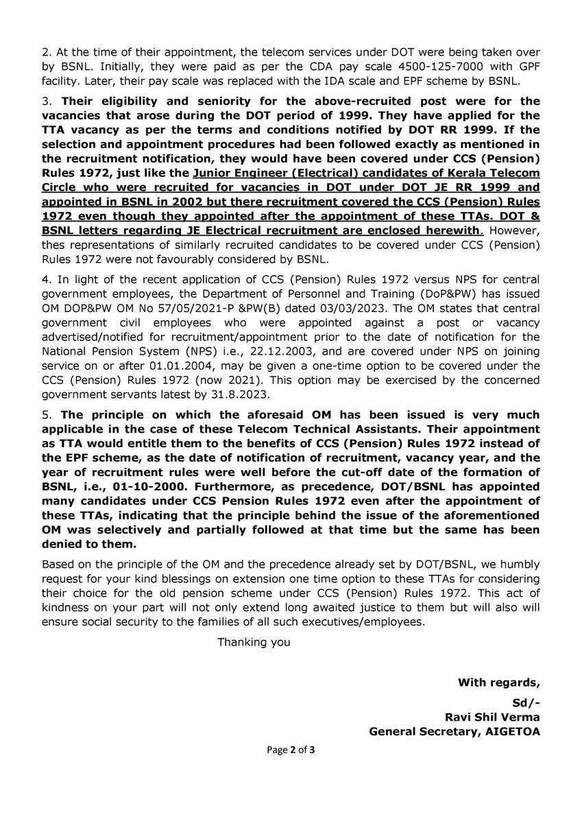 aigetoachq's tweet photo. 🙏🏻 A most humble request to Hon’ble Minister of Communication for allowing to exercise option for Old Pension Scheme (#OPS) and grant one time option to be covered under the CCS (Pension) rules 1972 for the executives whose recruitment process as Telecom technical Assistants was initiated by DoT in the year 1999 before formation of #BSNL  🙏🏻
#Oldpensionscheme 
#AIGETOA_will_do_it 
#SupportAIGETOA

@AshwiniVaishnaw 
@devusinh 
@CMDBSNL
@arvind9963 
@BmsBojji 
@BMSkendra 
@BmsJagadish