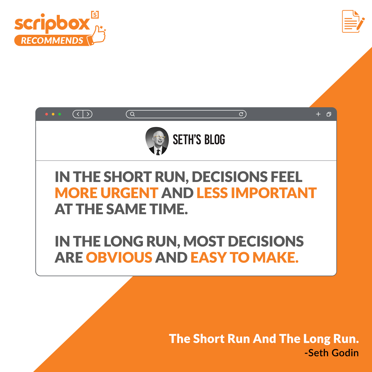 scripbox's tweet photo. Why do we insist on thinking long-term? Seth Godin says it best in his blog
‘The short run and the long run.’ Read it here: https://t.co/ZDQKNqNTVb
#ScripboxRecommends https://t.co/6xt5Uj34zk