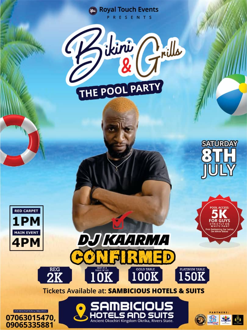 DJKaarmaNG's tweet photo. #BikiniSeason #BikiniGrillsParty #ThePoolParty At Okrika, Okochiri Kingdom, Sambicious Hotel and resorts @iDanDizzy will be headlining https://t.co/DfCWsUz3Tt