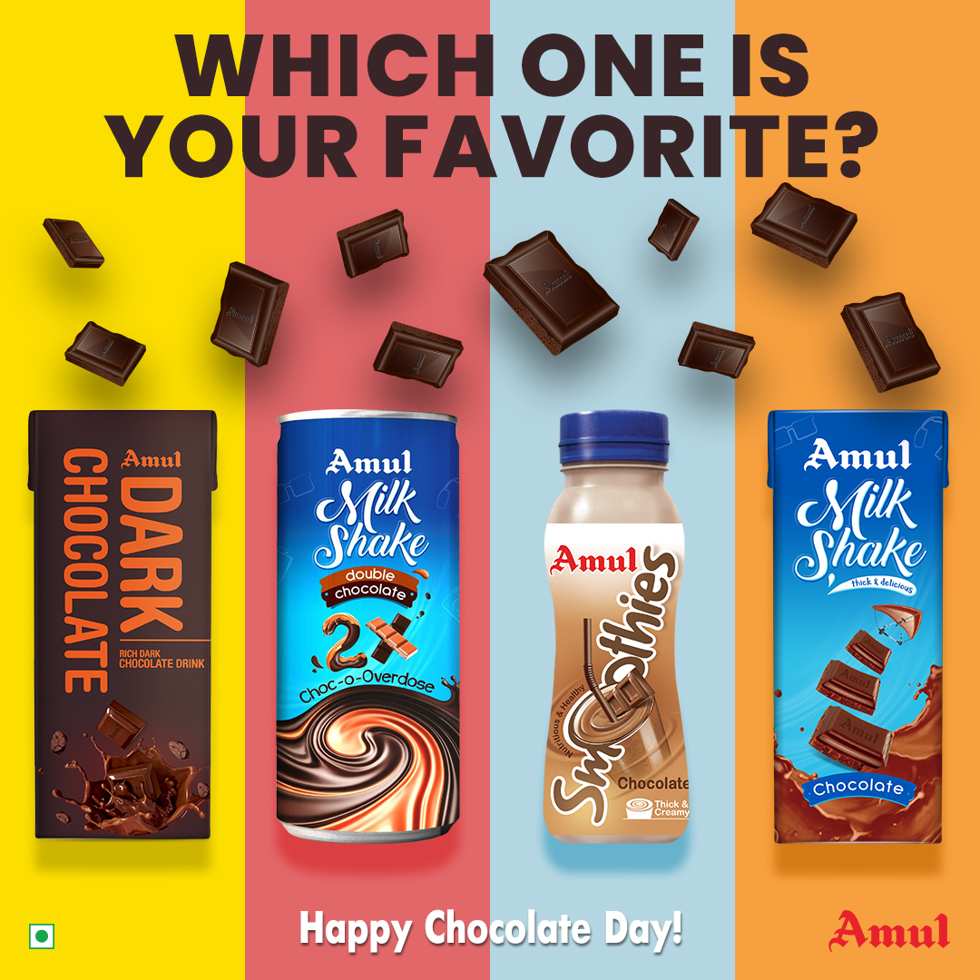 Amul_Coop's tweet photo. Love comes in unprecedented shapes, sizes and ways. So does chocolate. Few things melt hearts better and faster than chocolates. So, what’s your idea of chocolate today? #AMULINDIA #AMULDARKCHOCOLATE #AMULMILKSHAKE #AMULSMOOTHIES https://t.co/D1VvVbcfev