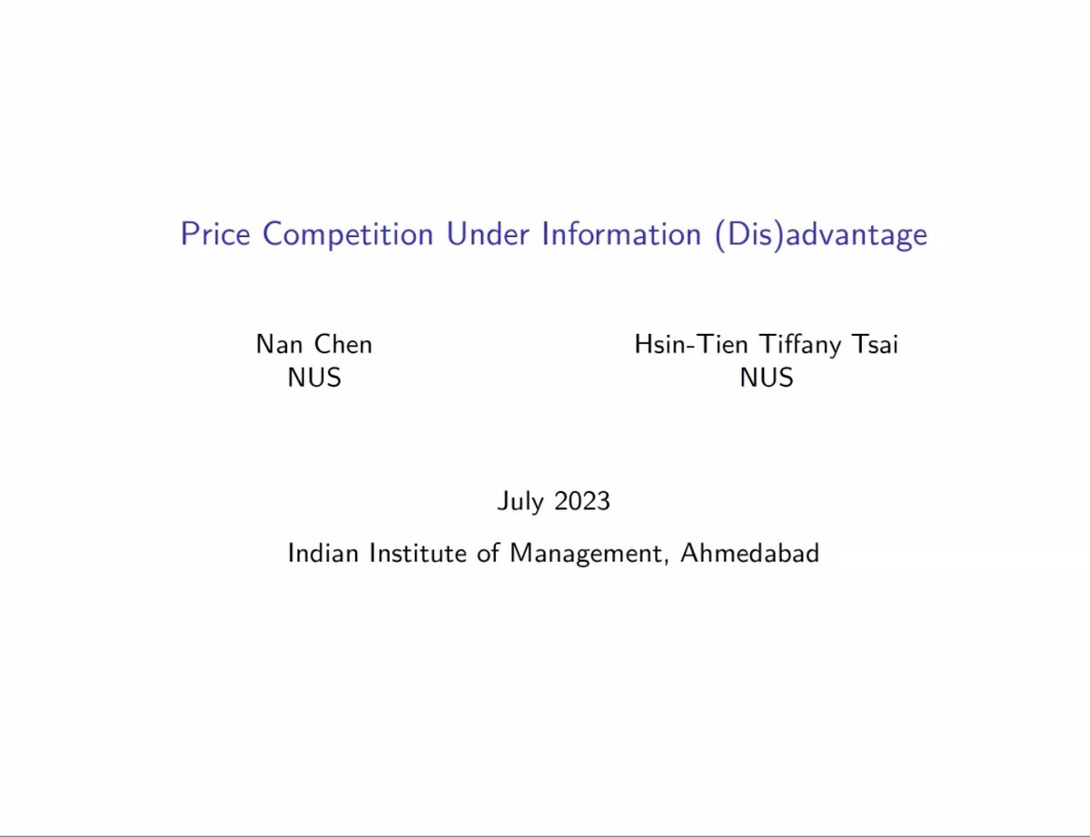 Imperative research webinar by #HsinTienTiffanyTsai & #NanChen on 'Price Competition Under Information (Dis)advantage. Exhibits impact of data access within a vertically integrated e-commerce
platform.

@IIMAHappenings @IIMAhmedabad  @IIMA_Economics @IIMA_RP