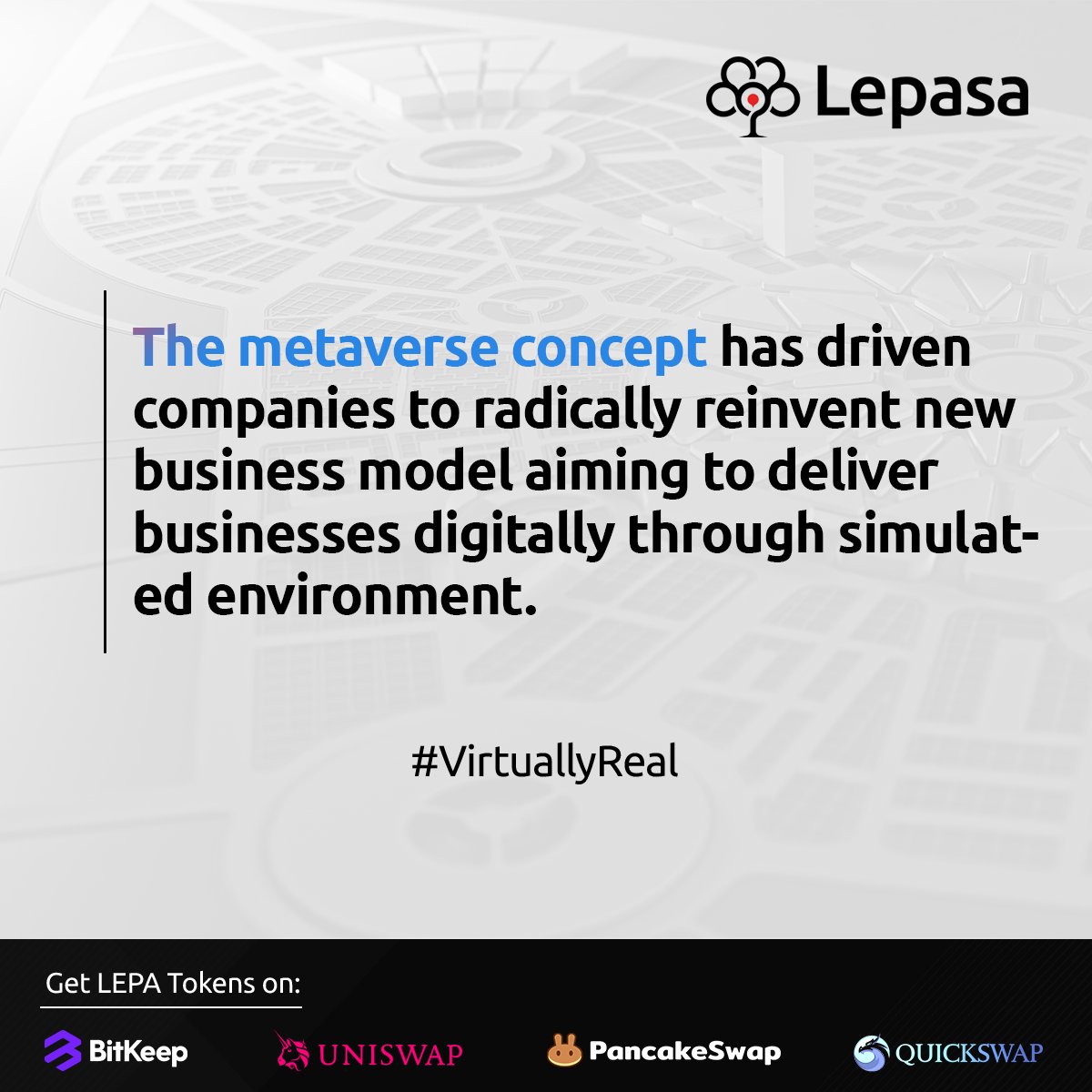 Lepasaorg's tweet photo. The #metaverse concept has driven companies to radically reinvent new business model aiming to deliver businesses digitally through simulated environment 🔥

#VR #metaversethings #virtualworld #virtuallife #virtuallyreal #nft #VRE #virtualreality #lepasa #lepasametaverse https://t.co/PvIYzURD3S