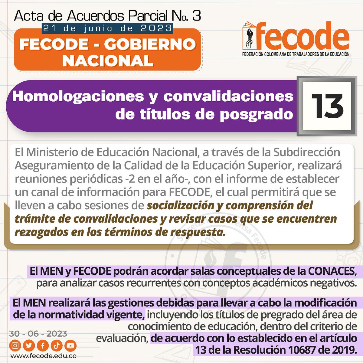 fecode's tweet photo. Acuerdos 9° al 16°,  suscritos entre Gobierno Nacional y @fecode el 21 de  junio en Acta Parcial #3  Se han firmado 23 acuerdos.
En https://t.co/vQ8EDKgTA3
Hoy continúa la negociación📝
🔢Homologaciones y convalidaciones de títulos de posgrado. https://t.co/VSyxIIVqIo