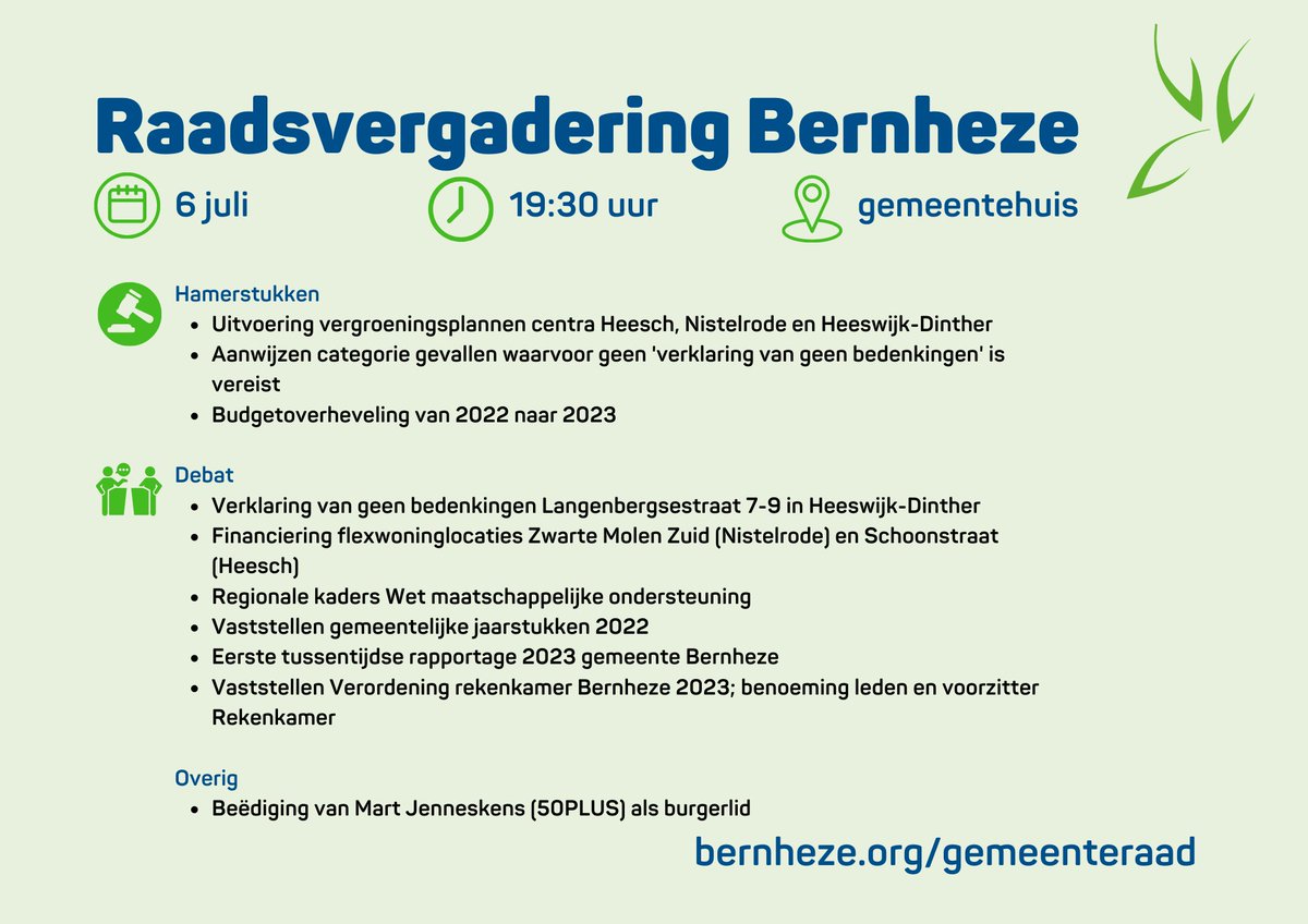 Vanavond vergadert de gemeenteraad, de laatste vergadering voor het zomerreces. Je bent van harte welkom op het gemeentehuis, of volg de vergadering online via deze link: tinyurl.com/524js8k5.