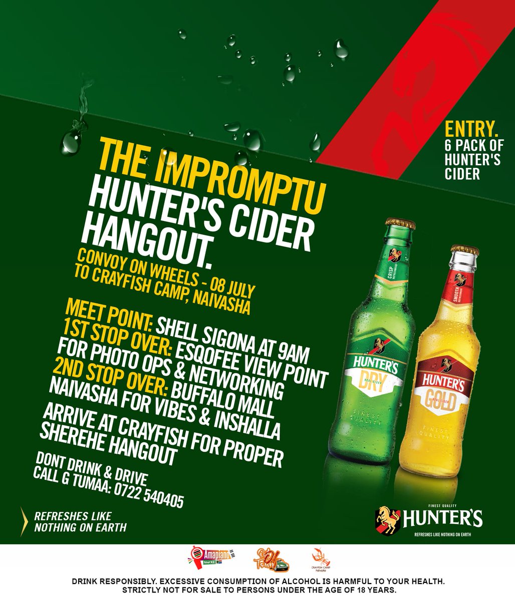 KeAmapiano's tweet image. We all look forward to a good roadtrip🥳🥳 Get your squad and join us as we head to @CrayfishCamp Naivasha for The Impromptu @hunterscider Hangout🍻 Usiboeke kwa njia, Convoy On Wheels will have all the vibes 🕺🕺🕺 
#amapianotourke 
#holdyourhunters