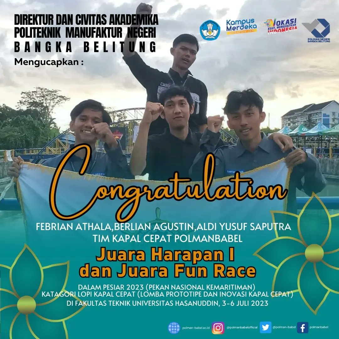 Polman_Babel's tweet photo. Mahasiswa PolmanBabel berhasil meraih JUARA HARAPAN 1 dan JUARA FUN RACE dalam kegiatan Pekan Nasional Kemaritiman (PESIAR) 2023 dengan kategori LOPI Kapal Cepat ( Lomba Prototipe dan Inovasi Kapal Cepat ) di Fakultas Teknik Universitas Hasanuddin pada tanggal 3-6 Juli 2023. https://t.co/S9qU3e3dRO